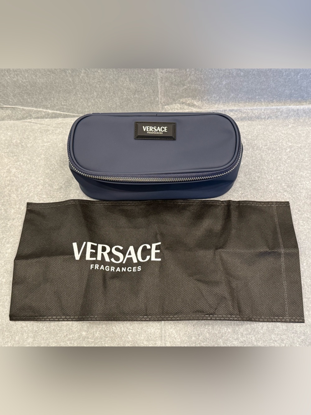 VERSACE FRAGRANCES Toiletry Travel Pouch Bag, Navy Blue, NEW With Dust Bag